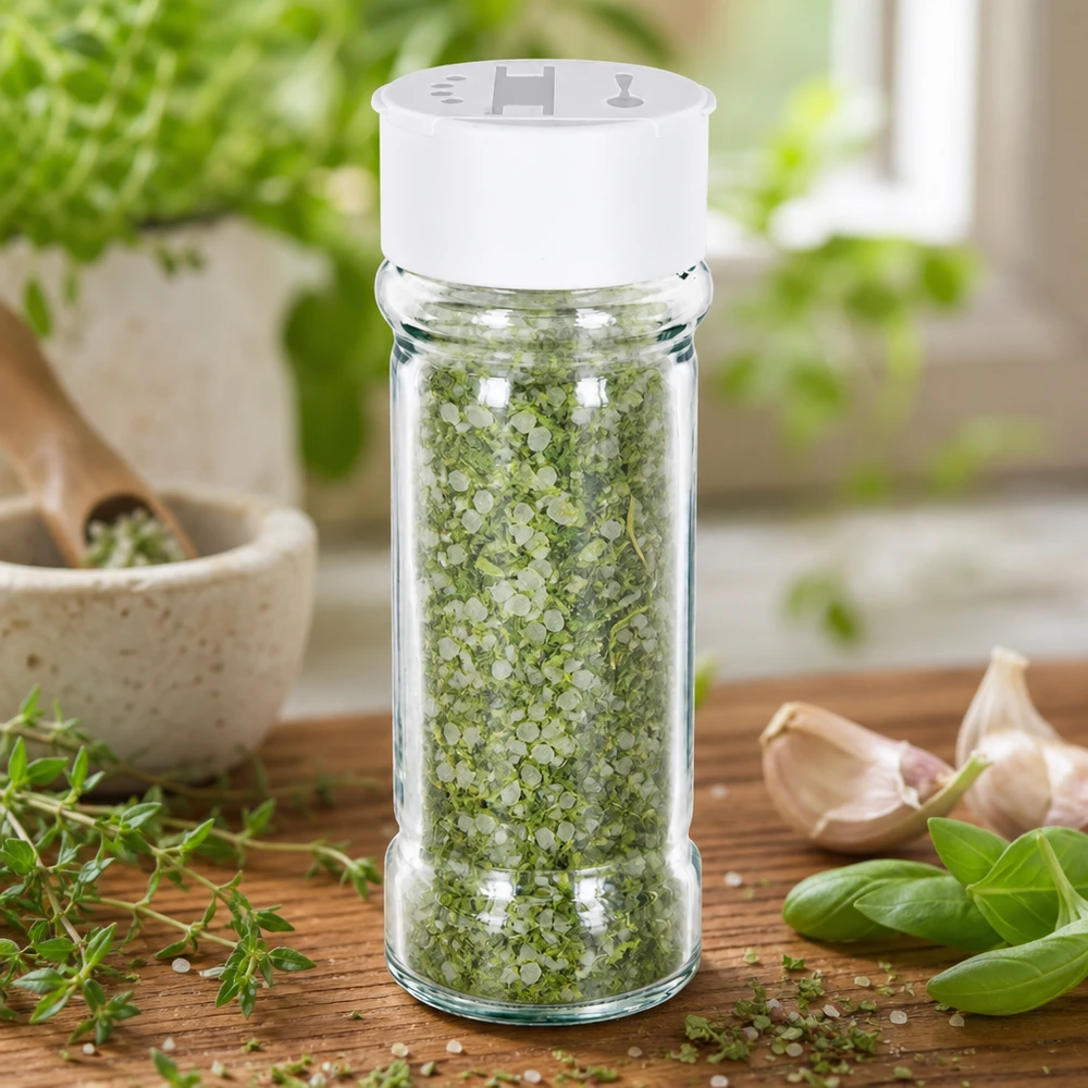 Barattolo per sale/spezie da 100 ml con doppio dosatore, bianco Barattolo per spezie da 100 ml con doppio dosatore bianco, riempito di sale alle erbe e circondato da erbe aromatiche fresche