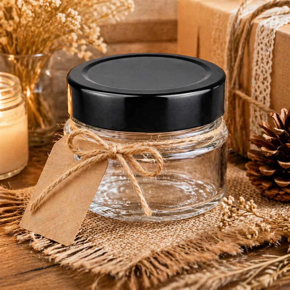 Barattolo rotondo da 80 ml + coperchio BasicSeal nero profondo UNiTWIST 80ml barattolo di vetro rotondo nero trasparente vasetto cosmetico decorato con nastro regalo decorazione naturale BasicSeal