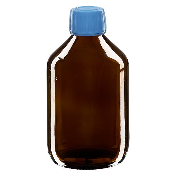 Bottiglia per medicinali da 300 ml marrone, tappo blu antimanomissione Bottiglia per medicinali da 300 ml marrone, tappo blu antimanomissione