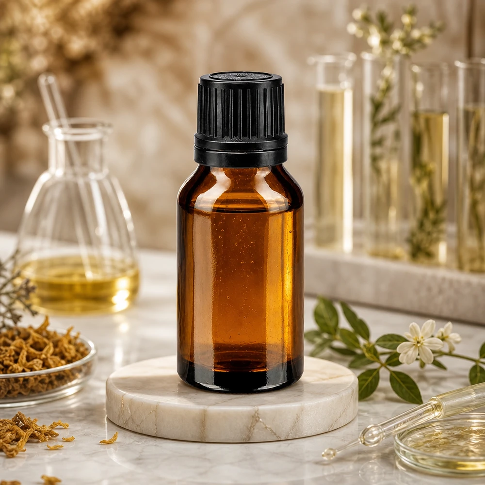 Bottiglia da farmacia marrone da 15 ml con tappo a vite nero. OV Flacone da farmacia da 15 ml in vetro ambrato con tappo in plastica nera su base in marmo decorata con erbe aromatiche