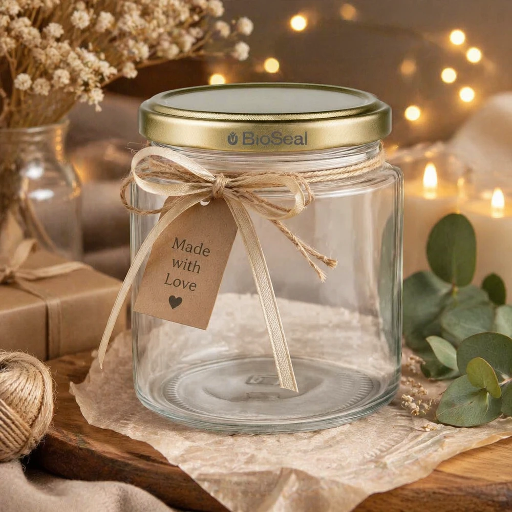 Vasetto per miele da 350 g con capsula dorata BioSeal UNiTWIST Leeres 250ml BioSeal Honigglas dekorativ arrangiert mit Geschenkband und Made with Love Anhänger, goldener UNiTWIST Deck