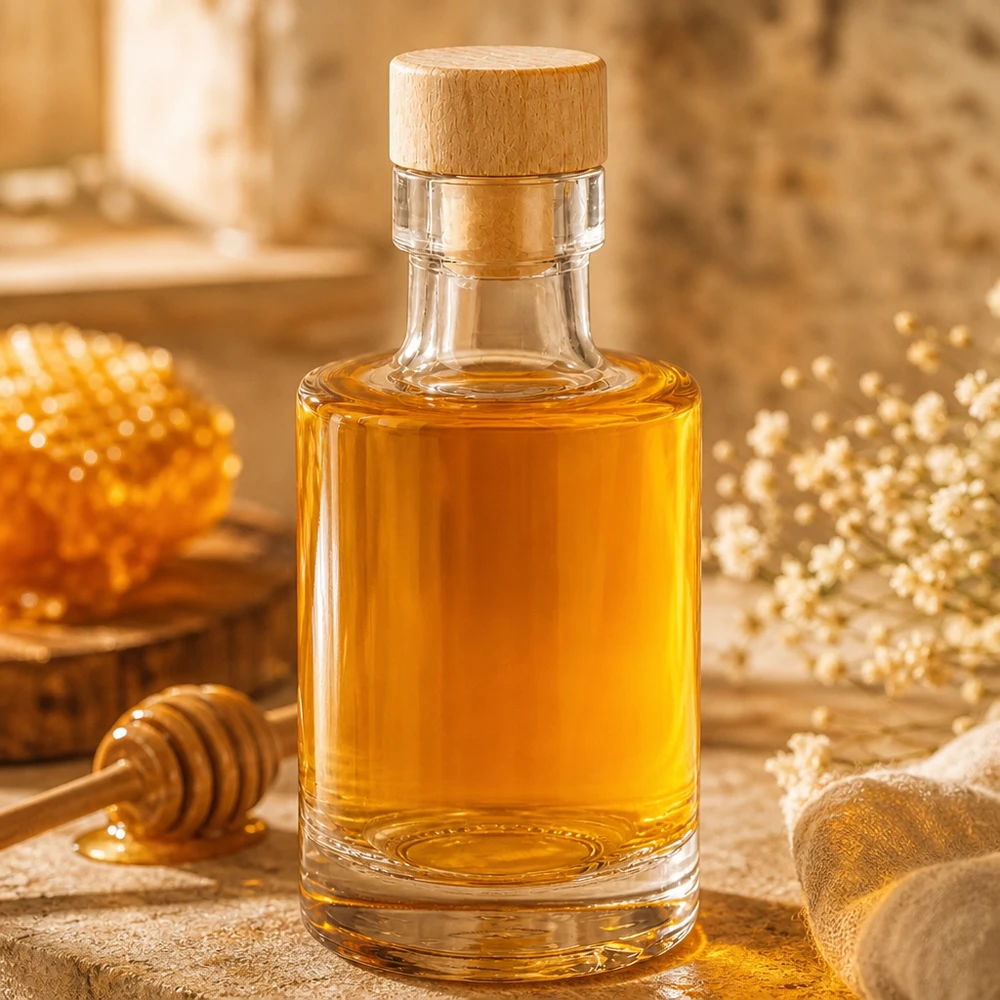 Bottiglia in vetro da 100 ml Marie con tappo in sughero con impugnatura in legno UNiTWIST® Bottiglia di vetro da 100 ml Marie con tappo di legno riempita di miele accanto a favo e cucchiaio di miele su un tavolo di legno rustico