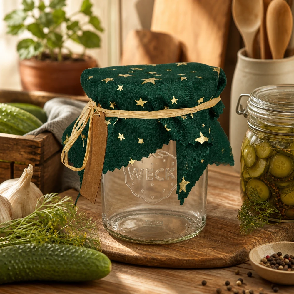 Centrino a stella verde di 15 cm su vaso da conserva in cucina rustica, rivestimento in tessuto fissato con nastro di rafia