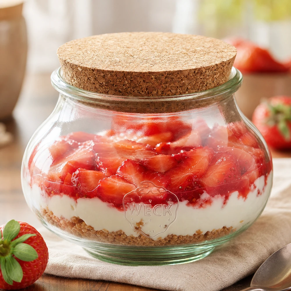 Vaso per gioielli WECK RR80 da 560 ml con tappo in sughero naturale WECK vaso decorativo 560ml RR80 con tappo in sughero come vasetto da dessert per yogurt alla fragola a strati presentazione in cucina