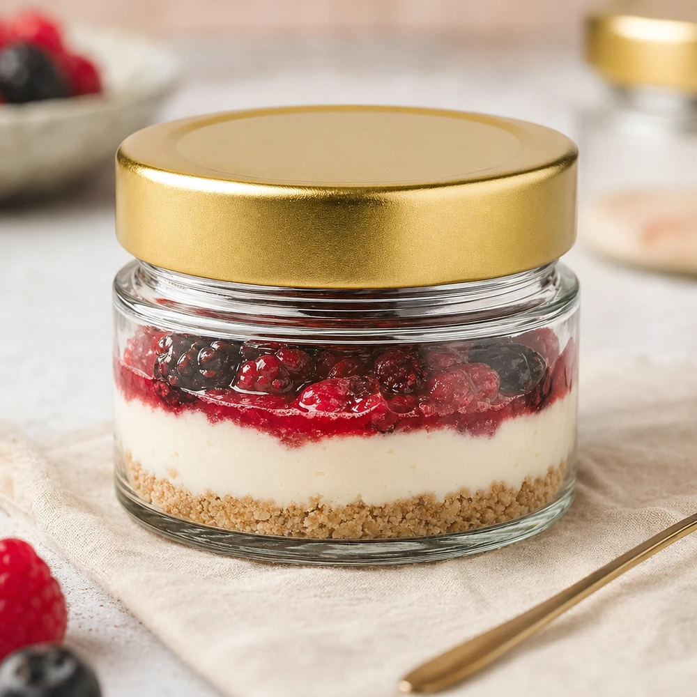 Barattolo rotondo da 80 ml con coperchio BasicSeal oro profondo UNiTWIST. Bicchiere rotondo da 80 ml con coperchio BasicSeal oro profondo come bicchiere da dessert con cheesecake e frutti di bosco in un'elegante decorazione da tavola