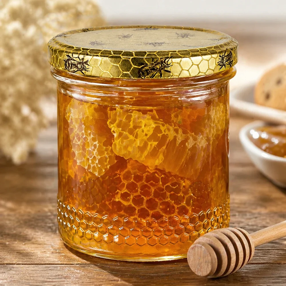 Vasetto per miele da 560 g con capsula a favo BasicSeal UNiTWIST Vasetto di miele da 400 ml con contenuto di nidi d'ape e coperchio BasicSeal, cucchiaio da miele in legno, presentazione autentica dell'apicoltura