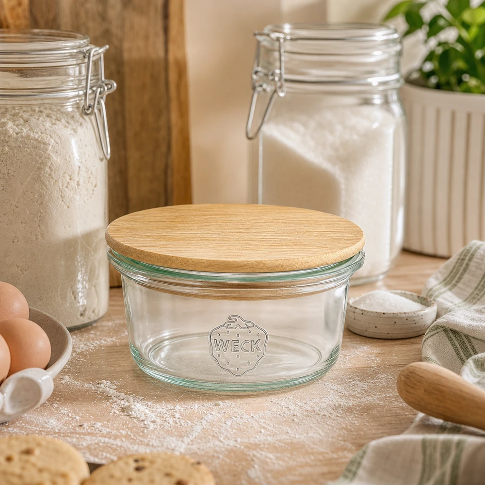 Mini barattolo da 50 ml WECK RR60 con coperchio in legno WECK Mini Sturzglas 50ml mit Bambusdeckel in gemütlicher Backstube zwischen Mehl, Eiern und Backutensilien auf Holzbrett
