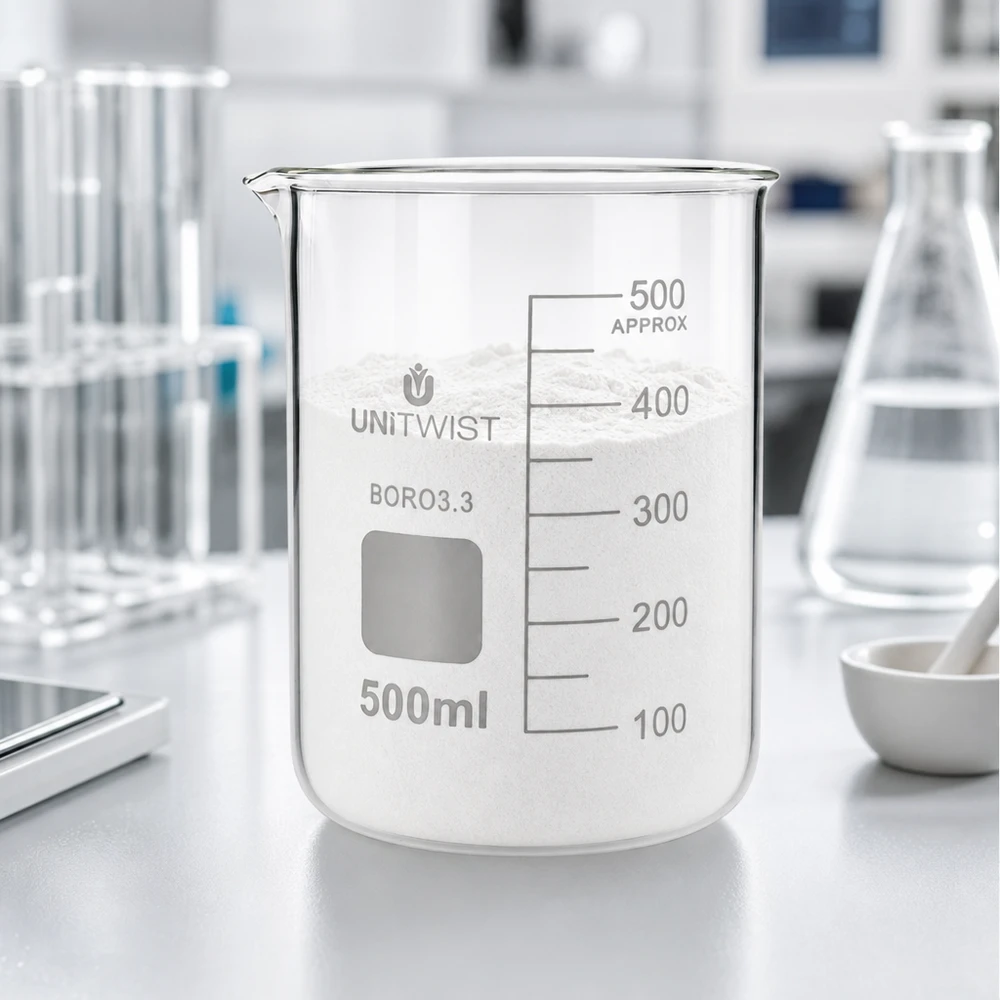 Bicchiere da laboratorio UNiTWIST da 500 ml in BORO3.3 riempito di polvere bianca in ambiente di laboratorio