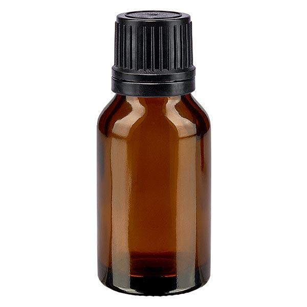Bottiglia da farmacia marrone da 15 ml con tappo a vite nero. OV