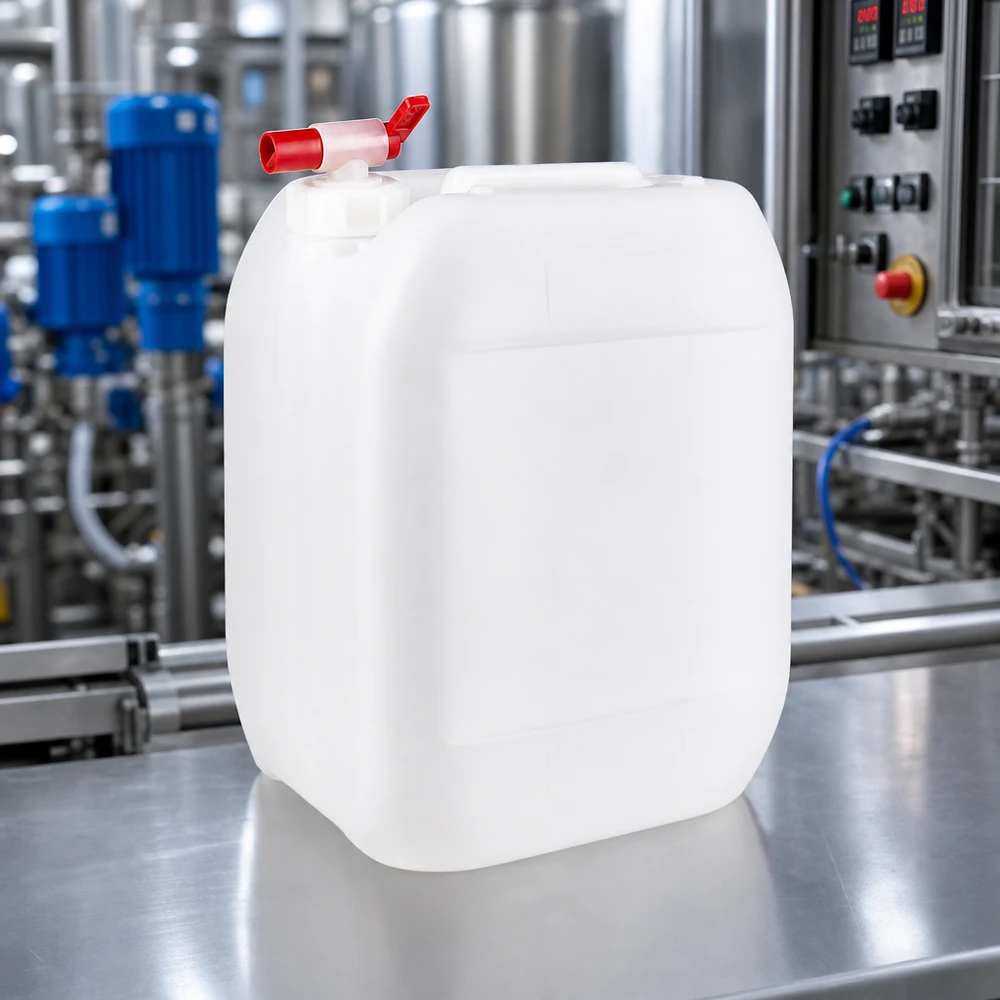 Contenitore industriale traslucido da 10 litri con rubinetto di scarico rosso davanti a un impianto di lavorazione dell'acciaio inossidabile