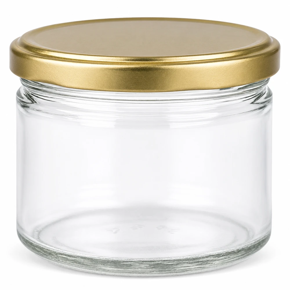 Vasetto per miele da 700 g con capsula dorata BasicSeal UNiTWIST Vasetto da 700 g vuoto con coperchio a vite dorato BasicSeal per miele, marmellate e conserve in vetro trasparente