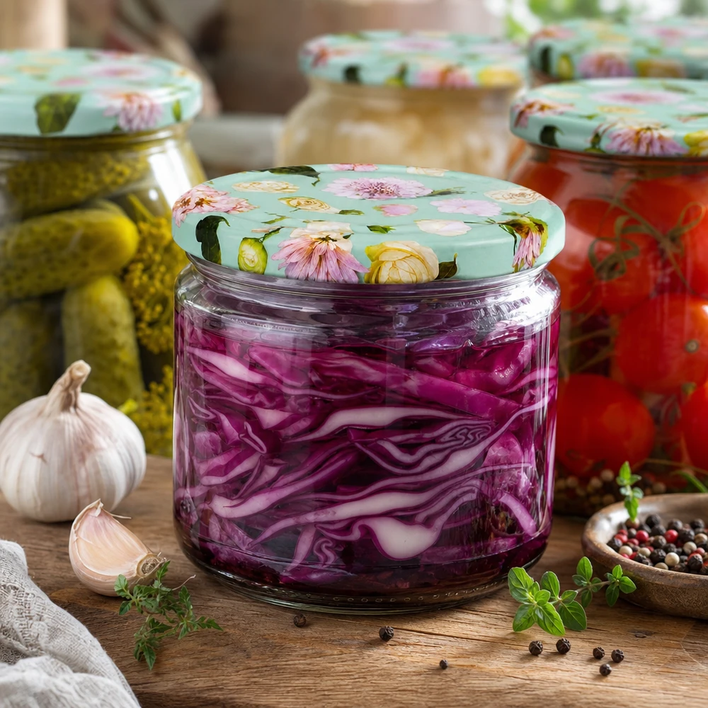 Cavolo rosso fermentato in vaso rotondo da 330 ml con coperchio BasicSeal floreale menta accanto a cetrioli e pomodori in salamoia