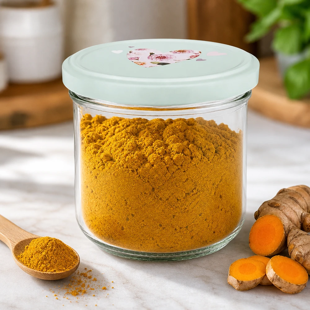 260ml tumbler + BasicSeal coperchio cuore menta UNiTWIST Barattolo di vetro da 260 ml con coperchio BasicSeal riempito di curcuma in polvere, radici di curcuma fresche e cucchiaio di legno a fianco