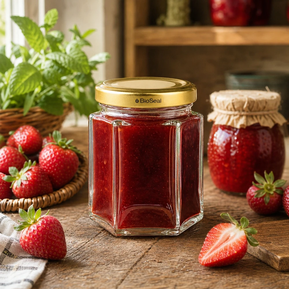 Vasetto per miele da 60 g con capsula dorata BioSeal UNiTWIST Vasetto di miele BioSeal da 60 g riempito di marmellata di fragole in una scena di cucina con fragole fresche e menta