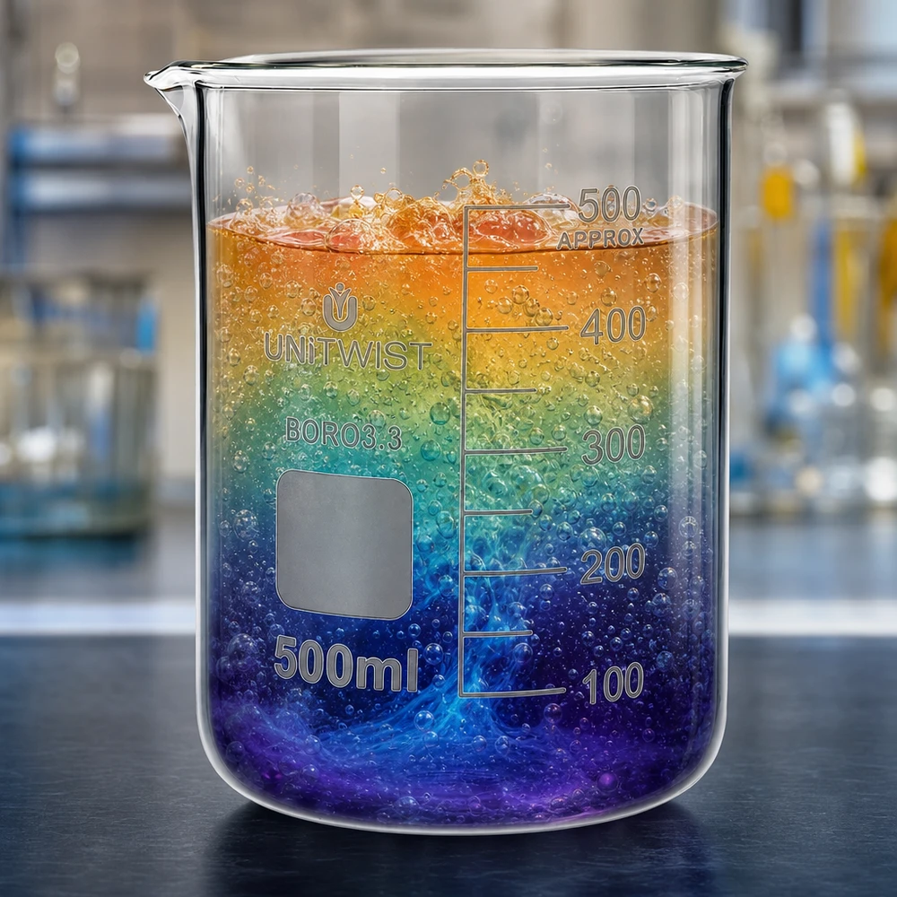 Bicchiere UNiTWIST da 500 ml in vetro borosilicato, forma bassa, con un coloratissimo effetto arcobaleno all’interno