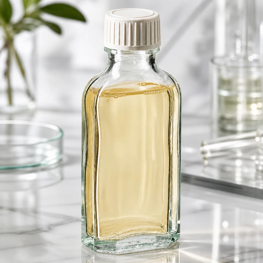 Flacone di vetro Meplat da 50 ml contenente olio di colore giallastro, con tappo a vite bianco