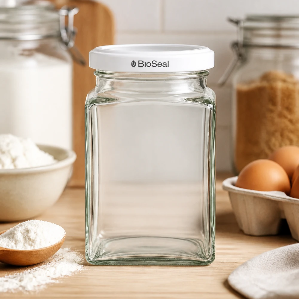 UNiTWIST Tetra260 con coperchio bianco TO58 BioSeal UNiTWIST Tetra260 Glasdose leer auf Holzbrett Küche Backzutaten Eier Mehl weißer TO58 BioSeal Deckel Backen