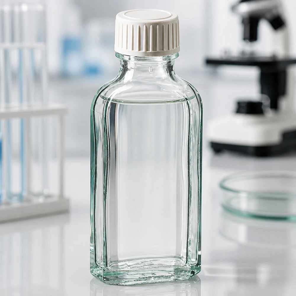 Flacone di vetro rettangolare da 50 ml, modello Meplat trasparente, con tappo a vite bianco, su un tavolo da laboratorio