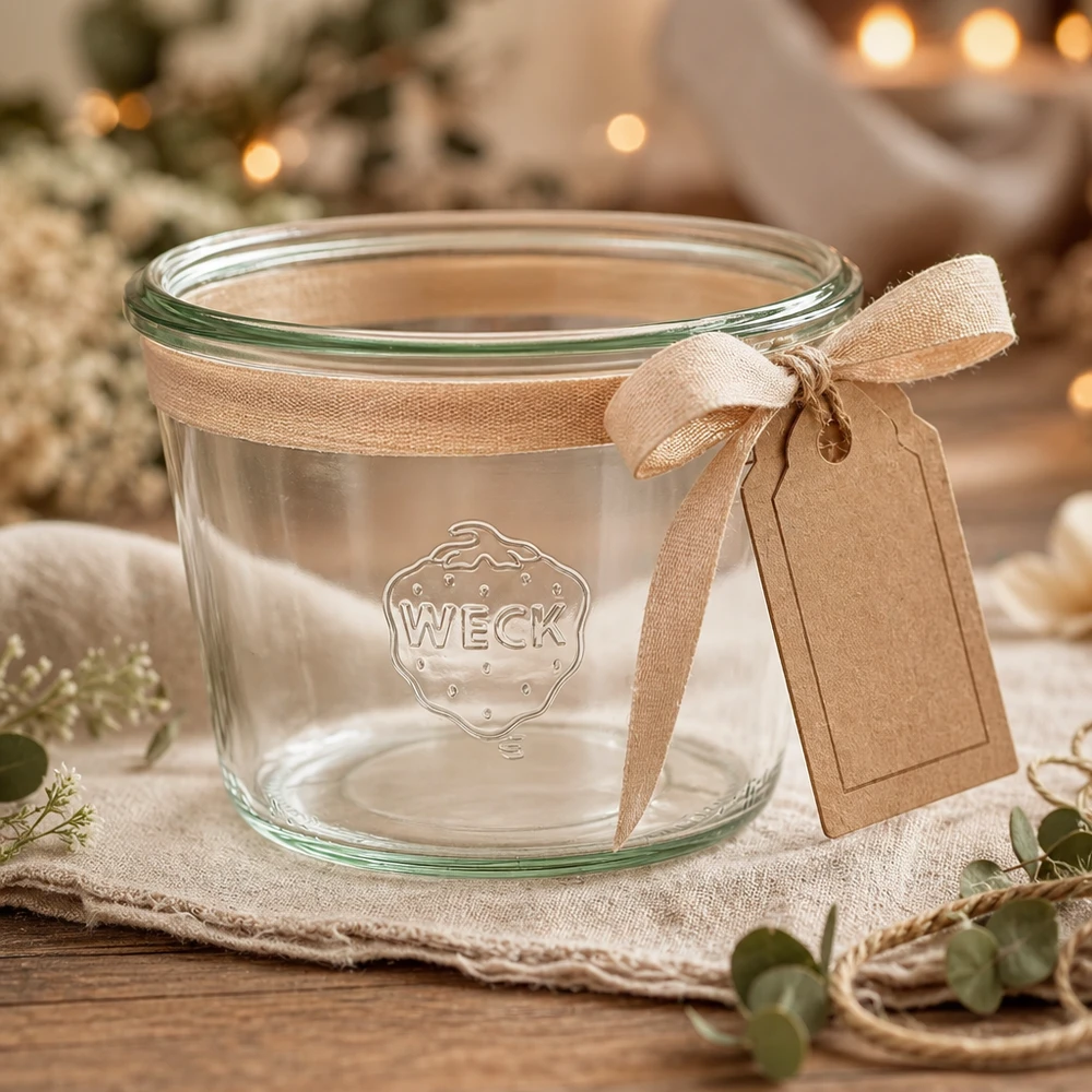 Bicchieri WECK 370ml RR100 decorati con nastro e ciondolo su un tavolo di legno rustico