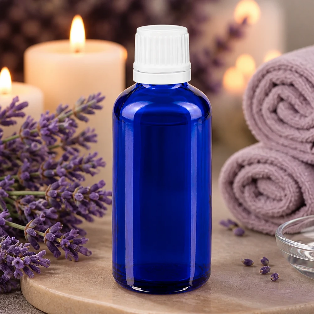 Flacone di vetro blu da 50 ml con tappo contagocce bianco, tra fiori di lavanda e candele