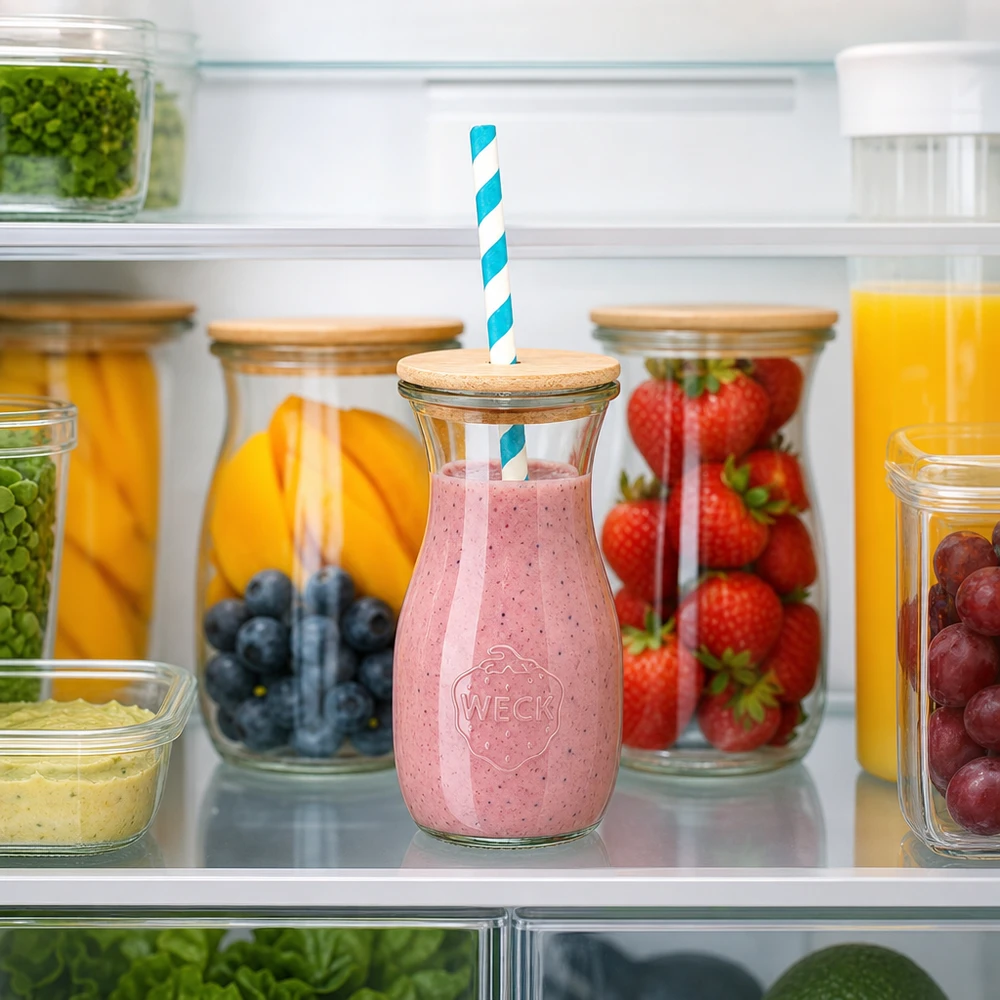 WECK bottiglia di succo 290ml con fragola frullata in frigo tra frutta fresca coperchio in legno cannuccia di carta