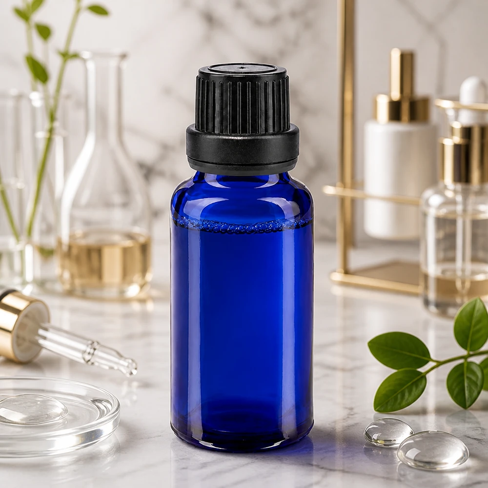 Bottiglia da farmacia blu da 20ml. SV OV nero/11mm ApoGlas Bottiglia di vetro blu da 20 ml con tappo di sicurezza nero su fondo marmorizzato da laboratorio