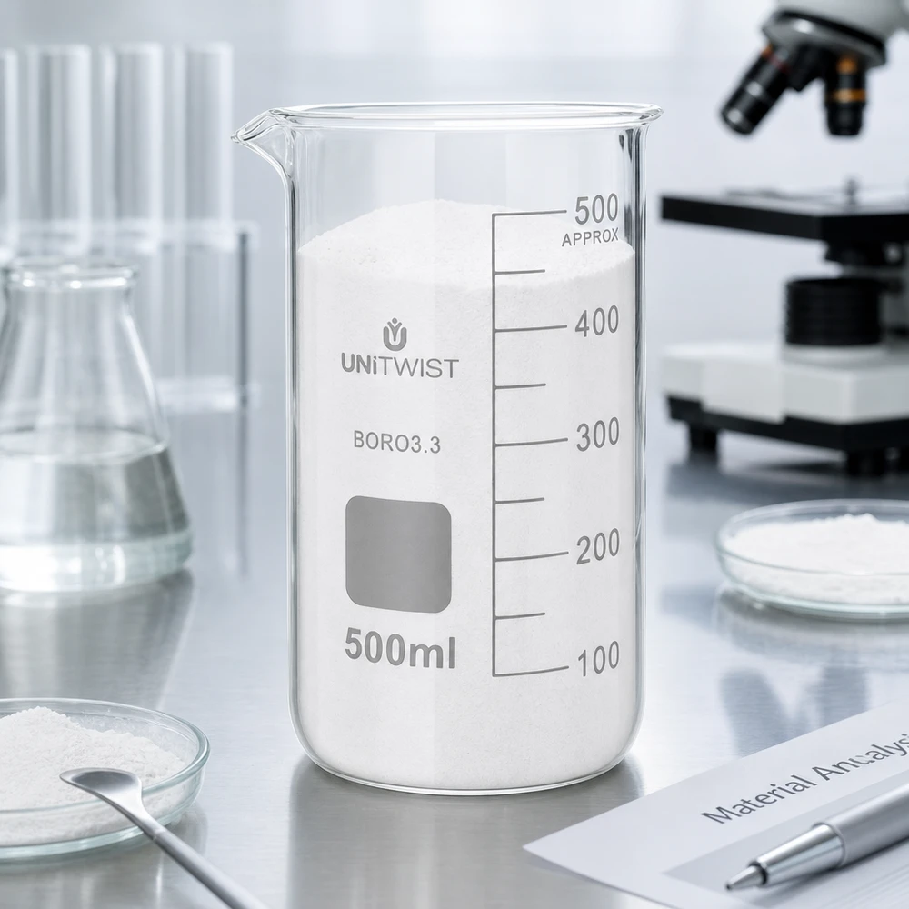 Vaso di vetro UNITWIST da 500 ml, modello alto, riempito di polvere bianca su un tavolo da laboratorio in acciaio inossidabile
