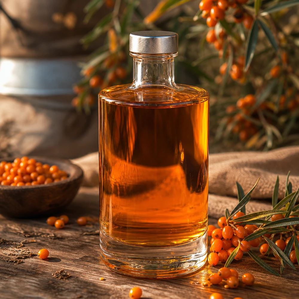 Bottiglia in vetro da 375 ml Sam riempita con olio di olivello spinoso di colore arancione tra bacche di olivello spinoso e decorazione naturale