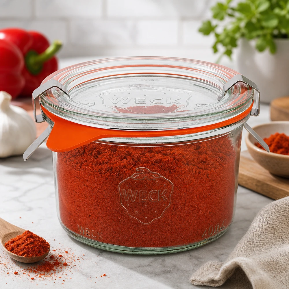 Bicchieri da 200 ml completi WECK RR80 I tumbler WECK da 200 ml RR80 riempiti di polvere di paprika mostrano una perfetta conservazione delle spezie nella cucina moderna