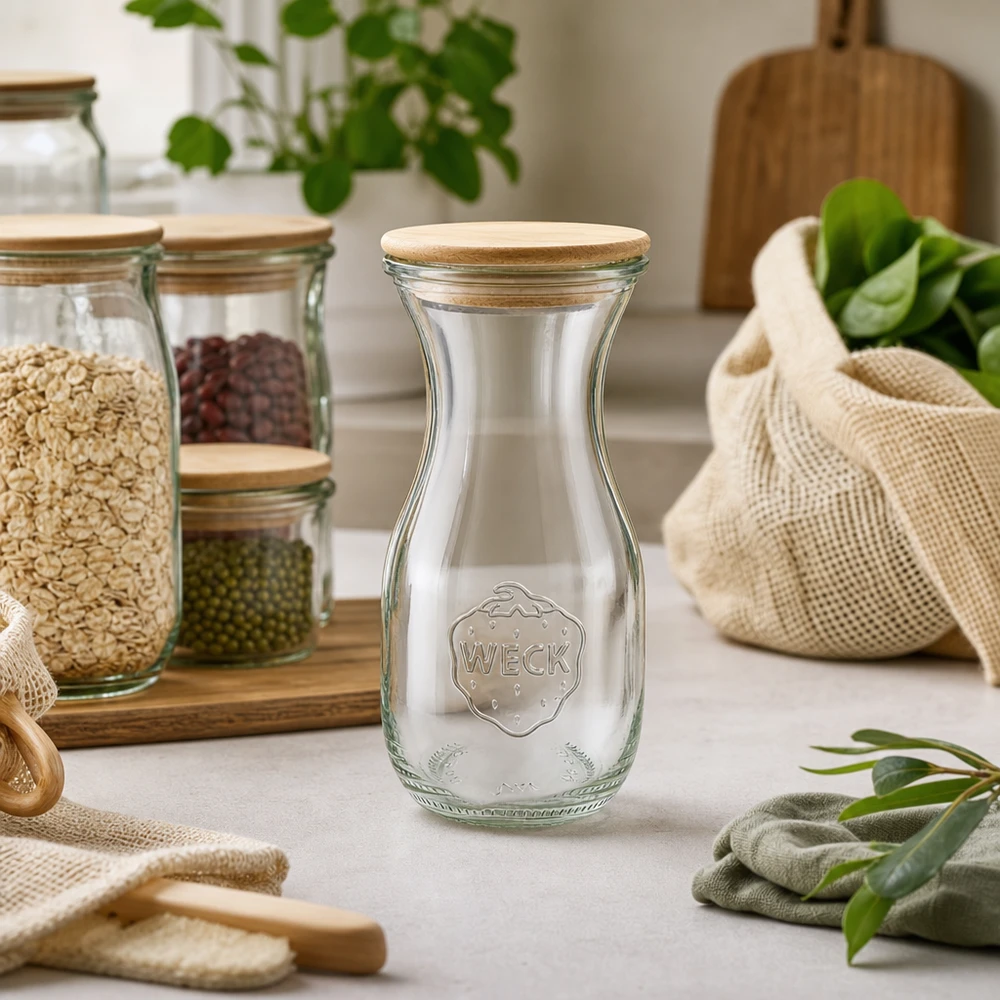 Bottiglia di succo WECK da 290 ml con coperchio in legno Bottiglia di succo WECK da 290 ml con coperchio in legno in cucina a rifiuti zero con barattoli e sacchetti di juta