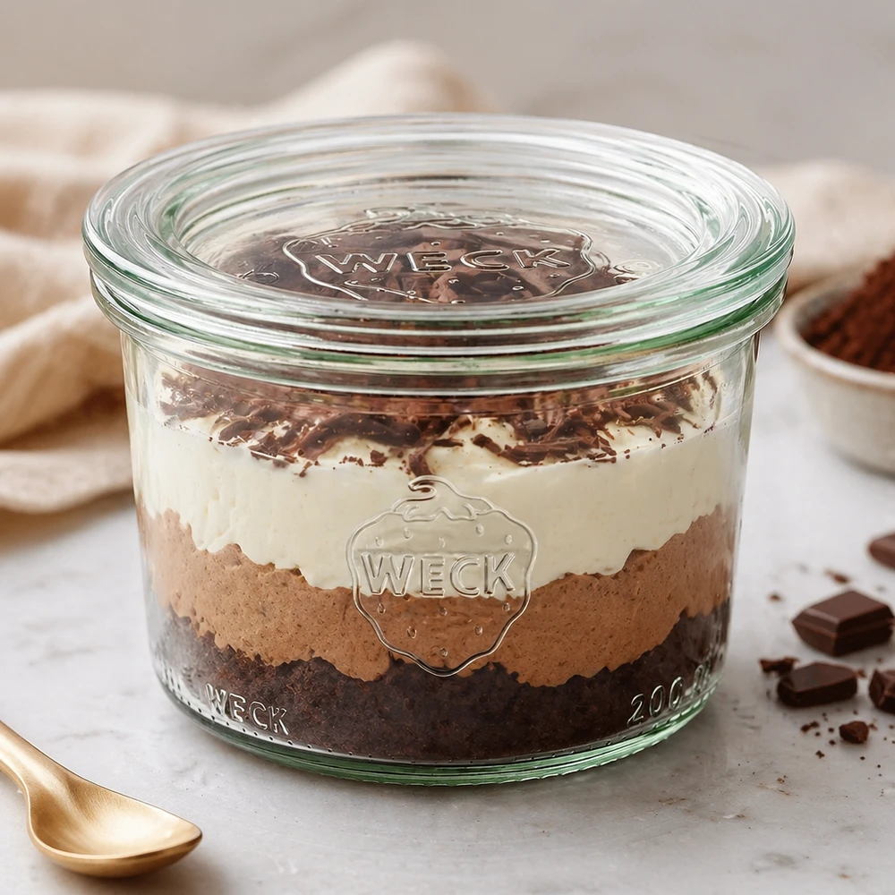 I tumbler WECK 200ml RR80 riempiti di dessert a strati mostrano un uso versatile come vaso da dessert e ciotola di servizio
