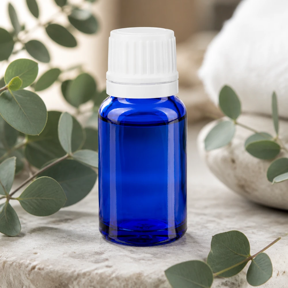 Flacone da farmacia blu da 10 ml con tappo OV bianco da 11 mm per aromaterapia e cosmetici naturali
