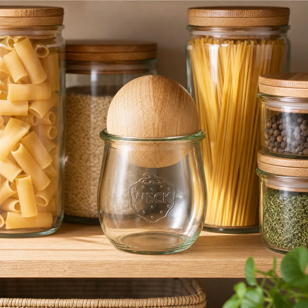 WECK vaso a tulipano 220ml RR60 con coperchio a sfera in faggio in cucine moderne accanto a barattoli per pasta e spezie