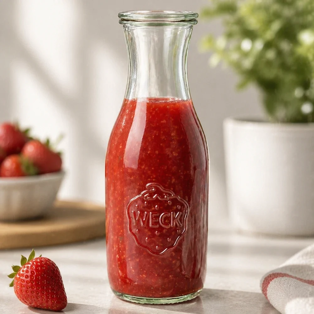 Bottiglia di succo WECK da 1062 ml riempita di succo di fragola fresco sul bancone della cucina accanto a una fragola singola e a una pianta