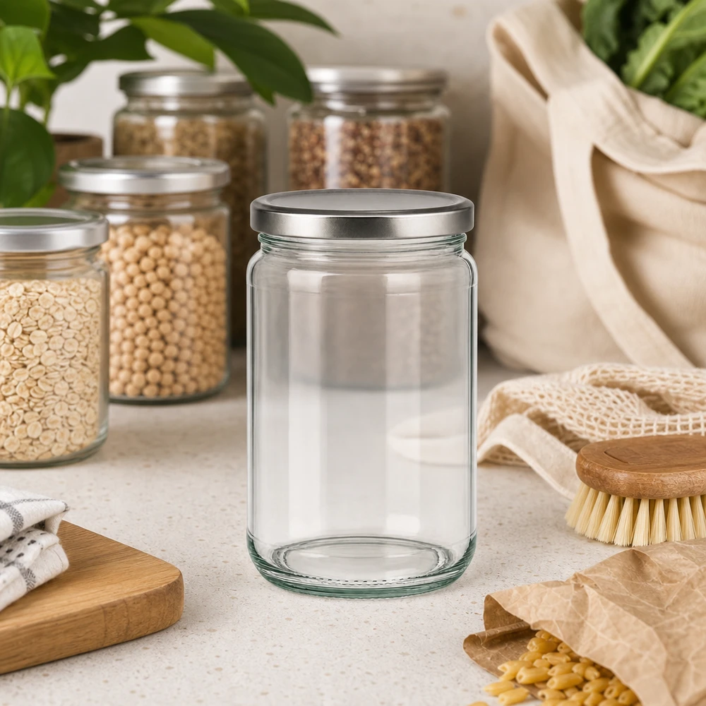 Barattolo rotondo da 305 ml con coperchio BasicSeal argento UNiTWIST. Barattolo rotondo da 305 ml vuoto con coperchio BasicSeal in cucina sostenibile a rifiuti zero con barattoli di stoccaggio e prodotti ecologici