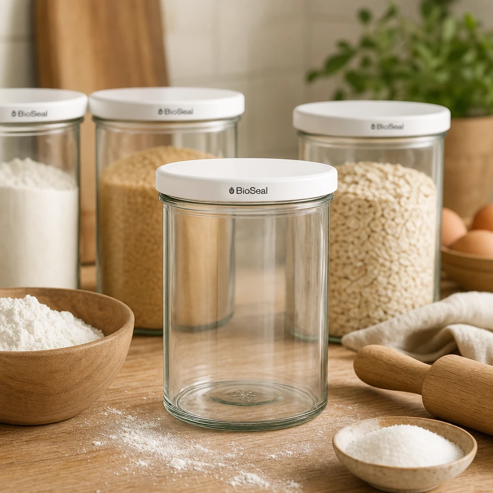 UNiTWIST Sturz435 con coperchio bianco TO82 BioSeal UNiTWIST Lintel435 vaso vuoto con coperchio bianco TO82 BioSeal in ambiente di cucina naturale con vasi di stoccaggio