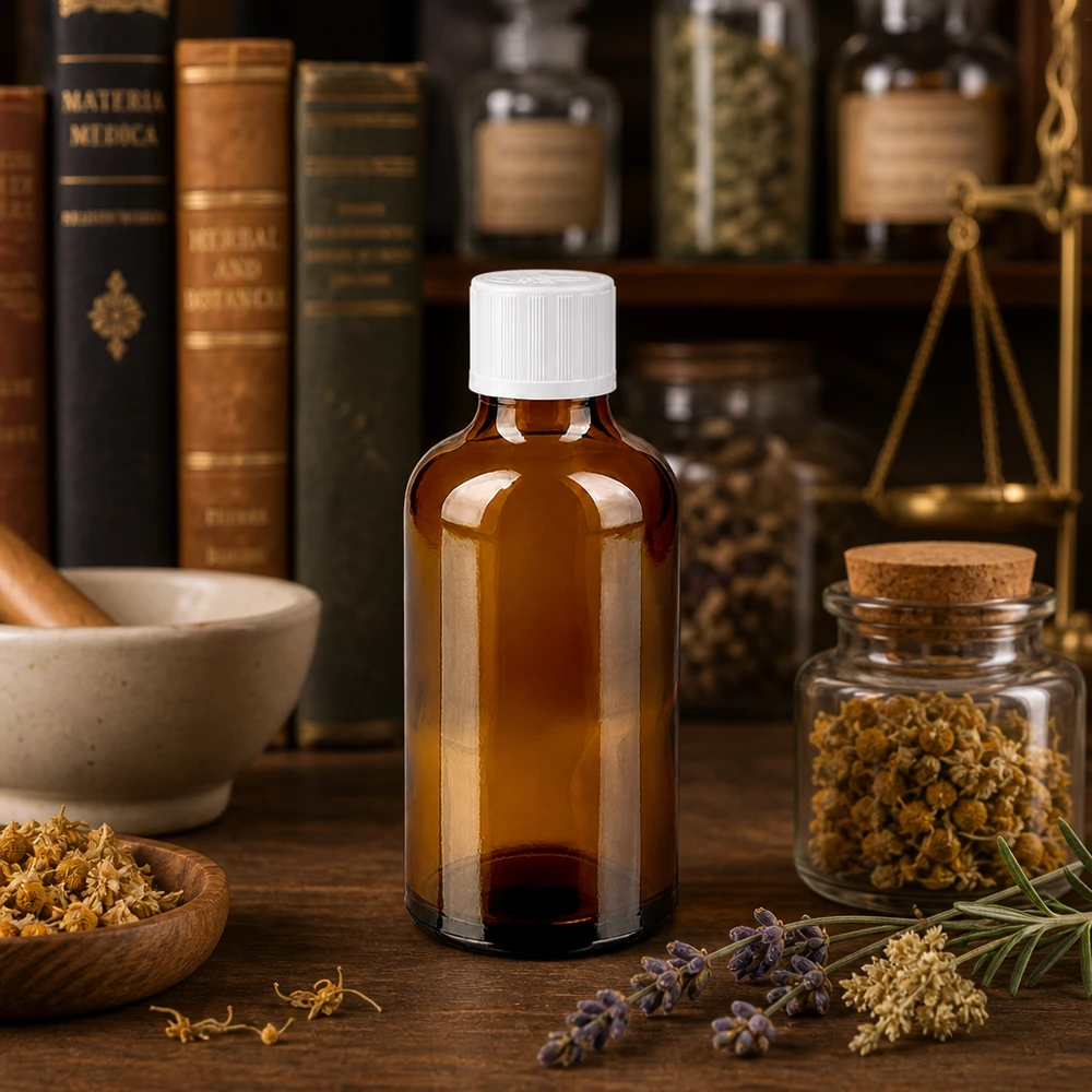 Flacone da farmacia in vetro ambrato da 50 ml con tappo di sicurezza bianco a prova di bambino, tra libri di erboristeria ed erbe medicinali