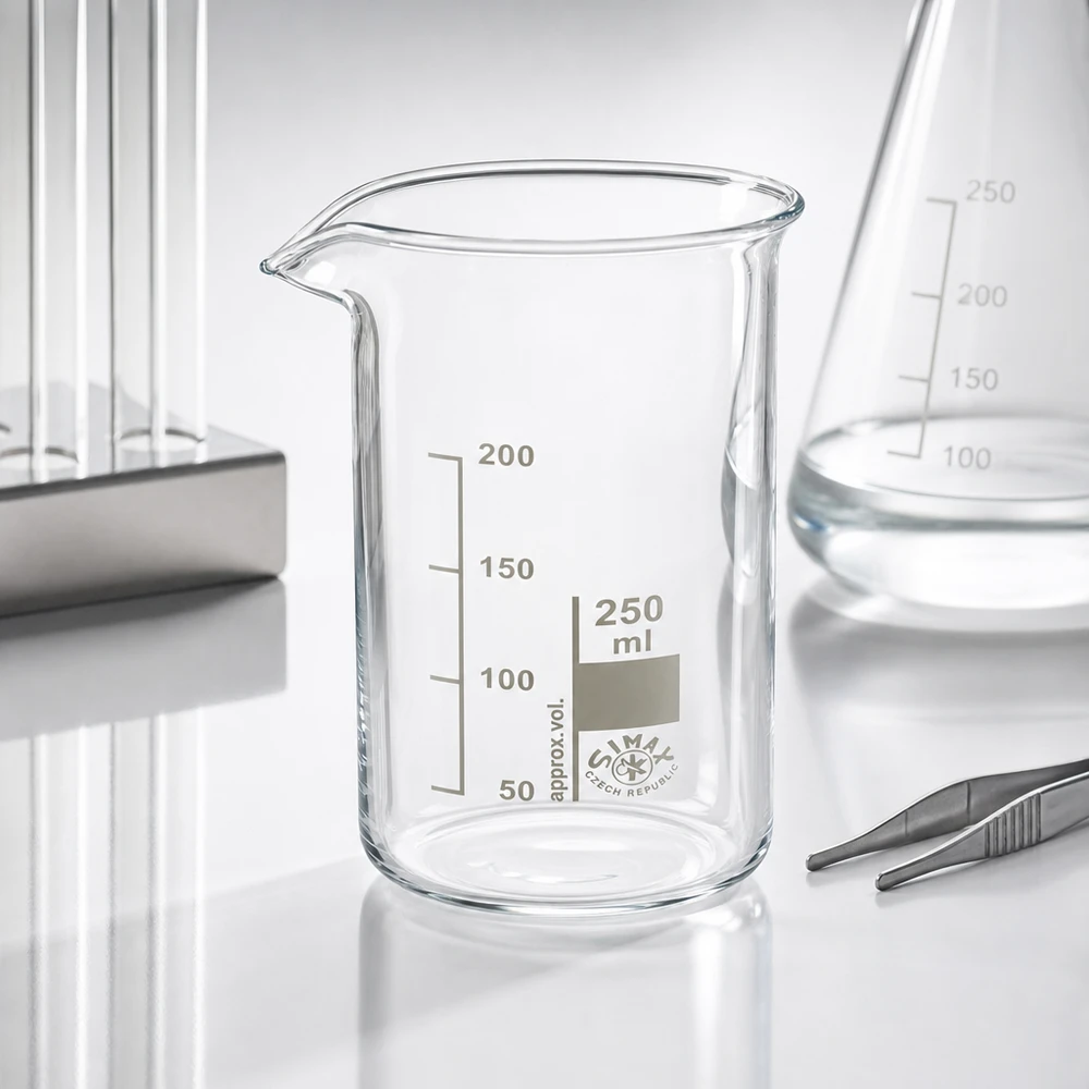 Bicchiere Simax da 250 ml, forma alta, in vetro borosilicato con beccuccio, accanto a un matraccio di Erlenmeyer e a una pinzetta