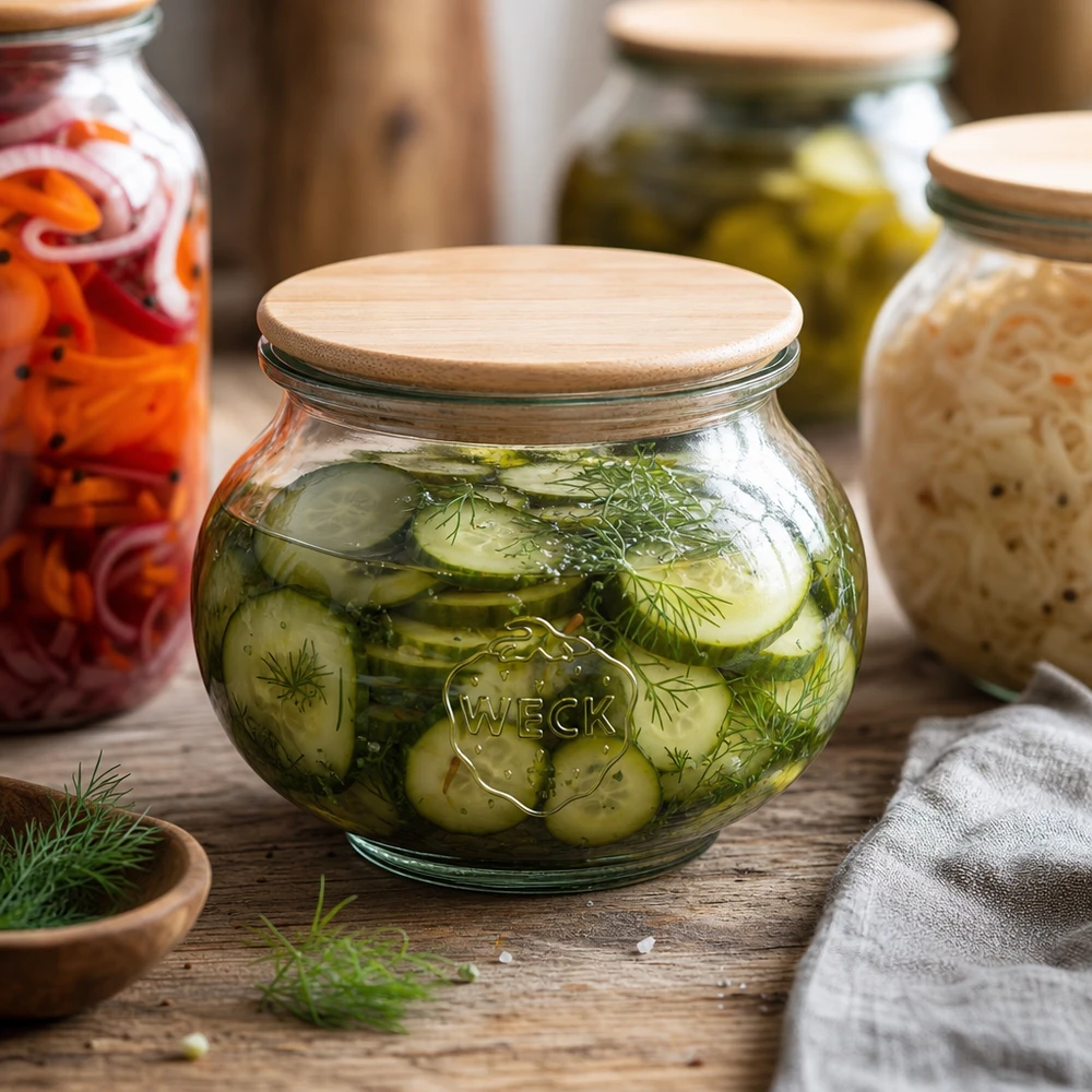 Vaso decorativo WECK da 560 ml RR80 con coperchio in legno riempito con cetrioli e aneto in salamoia in una cucina di fermentazione rustica
