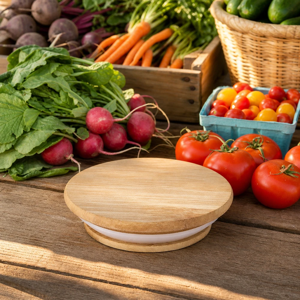 Coperchio in legno versione "A" per WECK RR40 Coperchio in legno WECK RR40 rovere naturale tra verdure fresche pomodori ravanelli carote ambiente cucina naturale