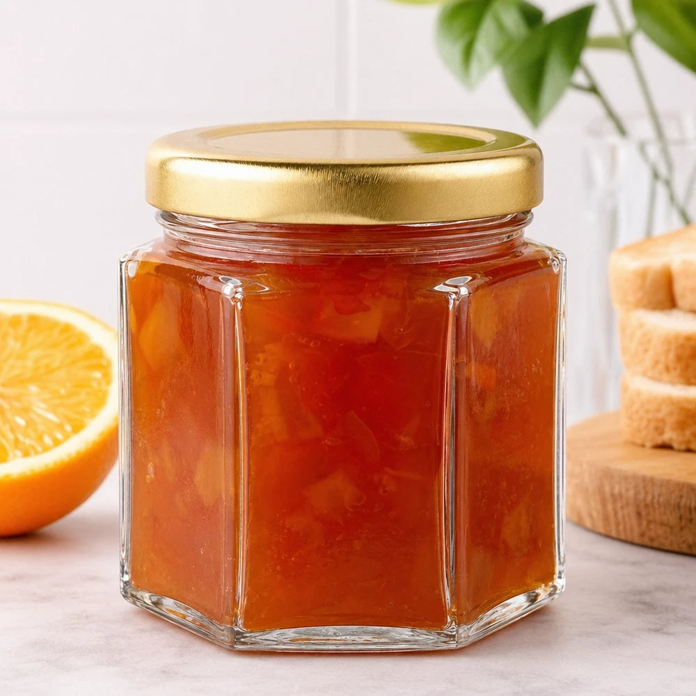 Vasetto per miele da 60 g con capsula dorata BasicSeal UNiTWIST vasetto di miele da 60 g esagonale riempito di marmellata d'arancia accanto a fette d'arancia e pane tostato