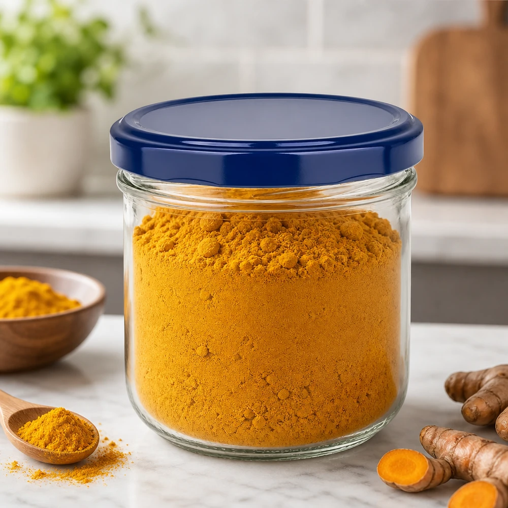Bicchieri da 260 ml + coperchio BasicSeal blu UNiTWIST Un barattolo da 260 ml riempito di curcuma in polvere mostra l'uso pratico del coperchio blu UNiTWIST per la conservazione delle spezie.
