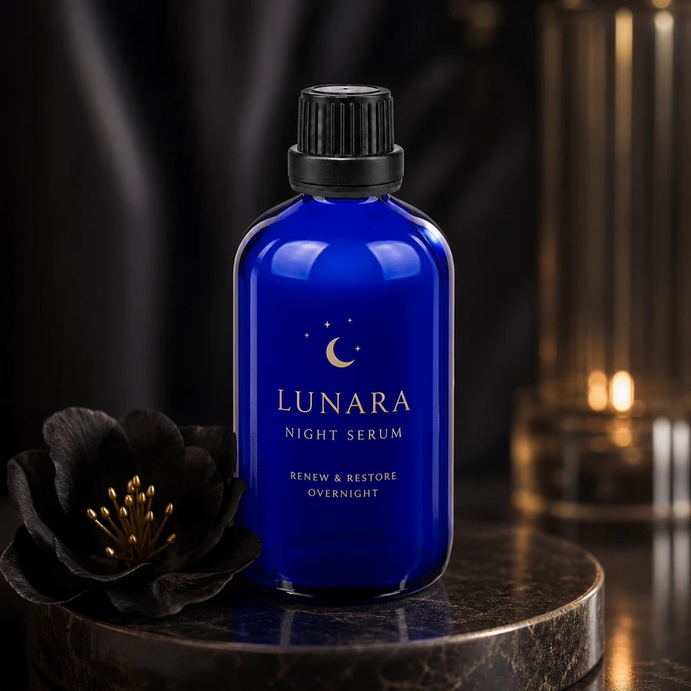 Bottiglia da farmacia blu da 100 ml. SV OV nero/11mm ApoGlas Flacone di vetro blu da 100 ml con tappo contagocce nero, confezione per siero da notte