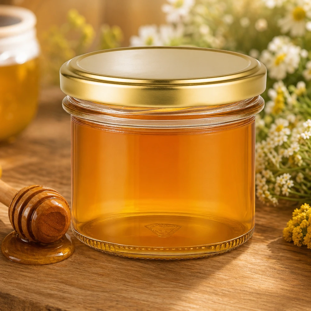Bicchieri da 125 ml con coperchio BasicSeal oro UNiTWIST 125ml Sturzglas gefüllt mit goldgelbem Honig neben Honiglöffel und Blumen - perfekt für Imkerei und Geschenke