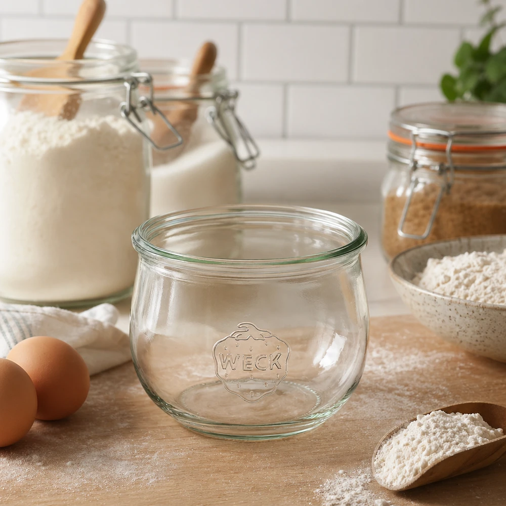 Vaso a tulipano WECK 580ml RR100 in cucina con farina, uova e barattoli di stoccaggio su piano di lavoro in legno