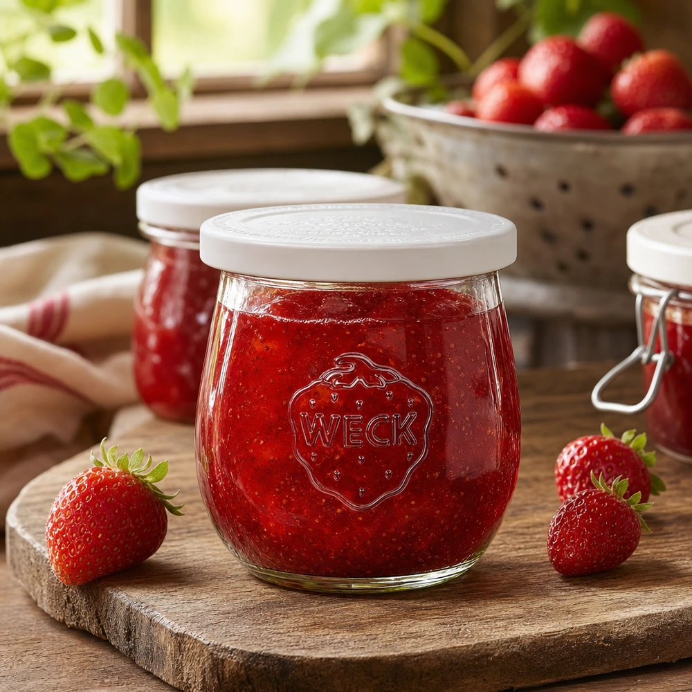 Vaso WECK a tulipano 220ml RR60 riempito di marmellata di fragole su una tavola di legno - vaso da conserva decorato in stile cucina rustica