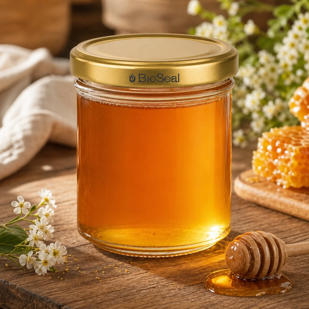 Vasetto per miele da 200 g con capsula dorata BioSeal UNiTWIST BioSeal vaso di miele da 200 g riempito di miele dorato cucchiaio di miele fiori a nido d'ape decorazione rustica in legno