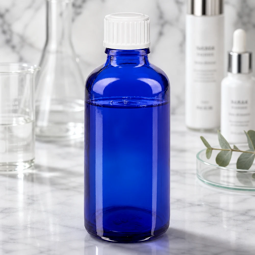 Flacone contagocce ApoGlas blu da 50 ml con tappo bianco, tra le attrezzature da laboratorio e i prodotti cosmetici