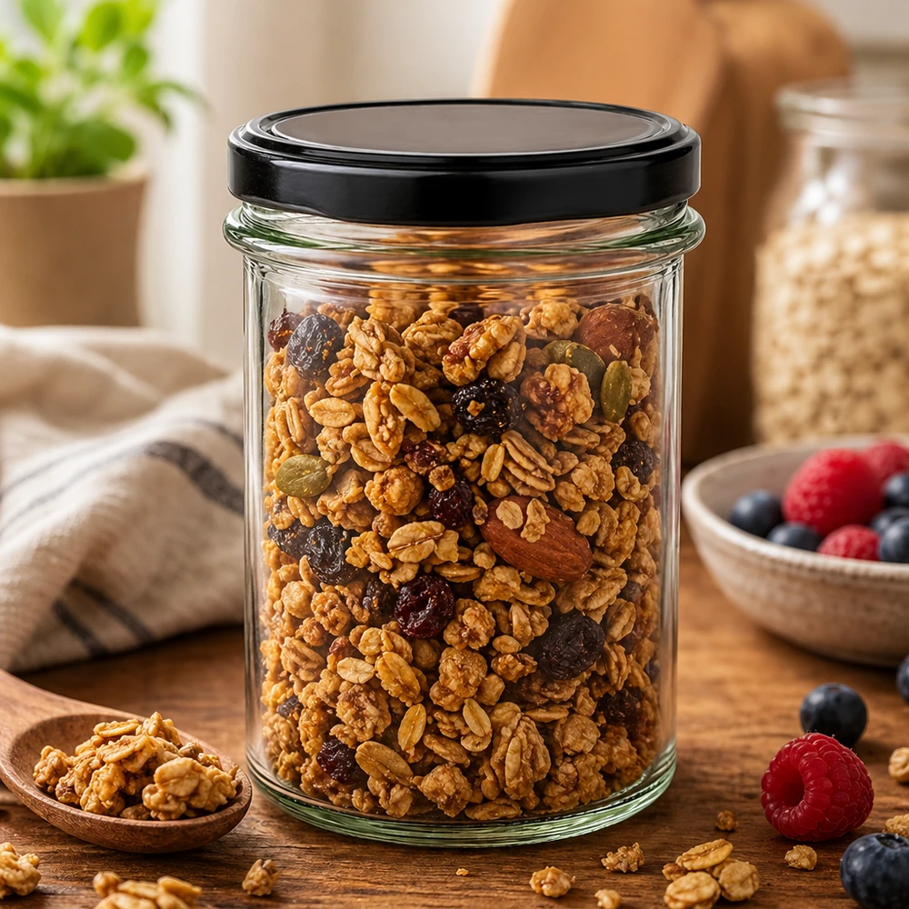 Bicchieri da 230 ml con coperchio BasicSeal nero UNiTWIST. Il barattolo nero BasicSeal da 230 ml, riempito di muesli nut mix, mostra la versatilità di conservazione degli snack a base di frutta secca.