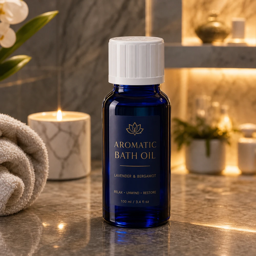 Flacone da farmacia blu da 10 ml con tappo di sicurezza per bambini bianco, su una superficie marmorea accanto a una candela